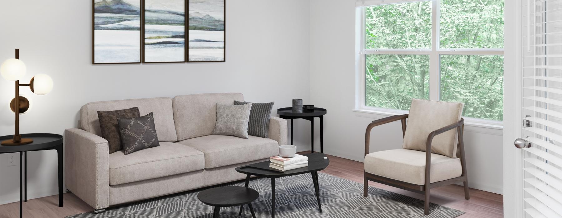 a living room with a couch and a coffee table
