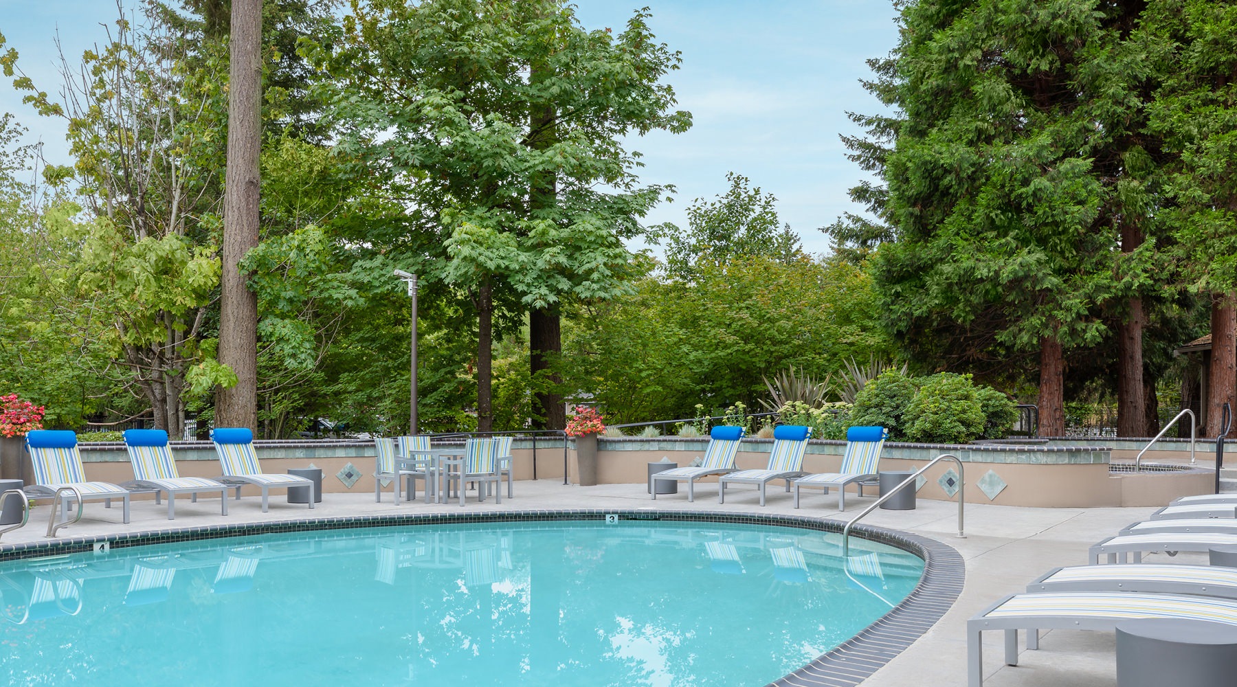 Resort-style swimming pool with lounge seating
