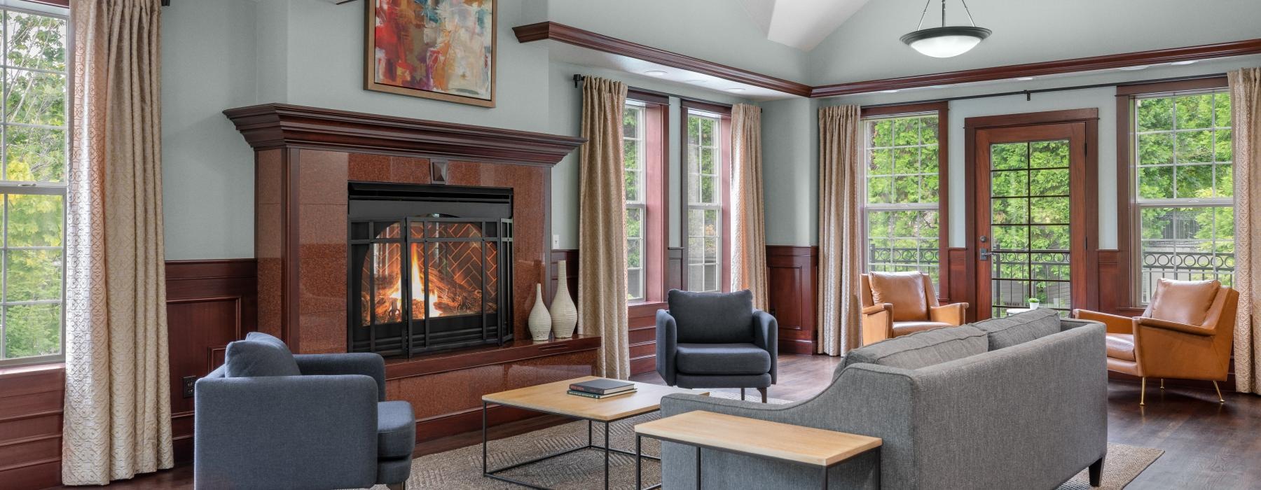 a living room with a fireplace